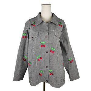 Quacker Factory Black & White Jacket Gingham Cherry Embroidered 1X Rockabilly